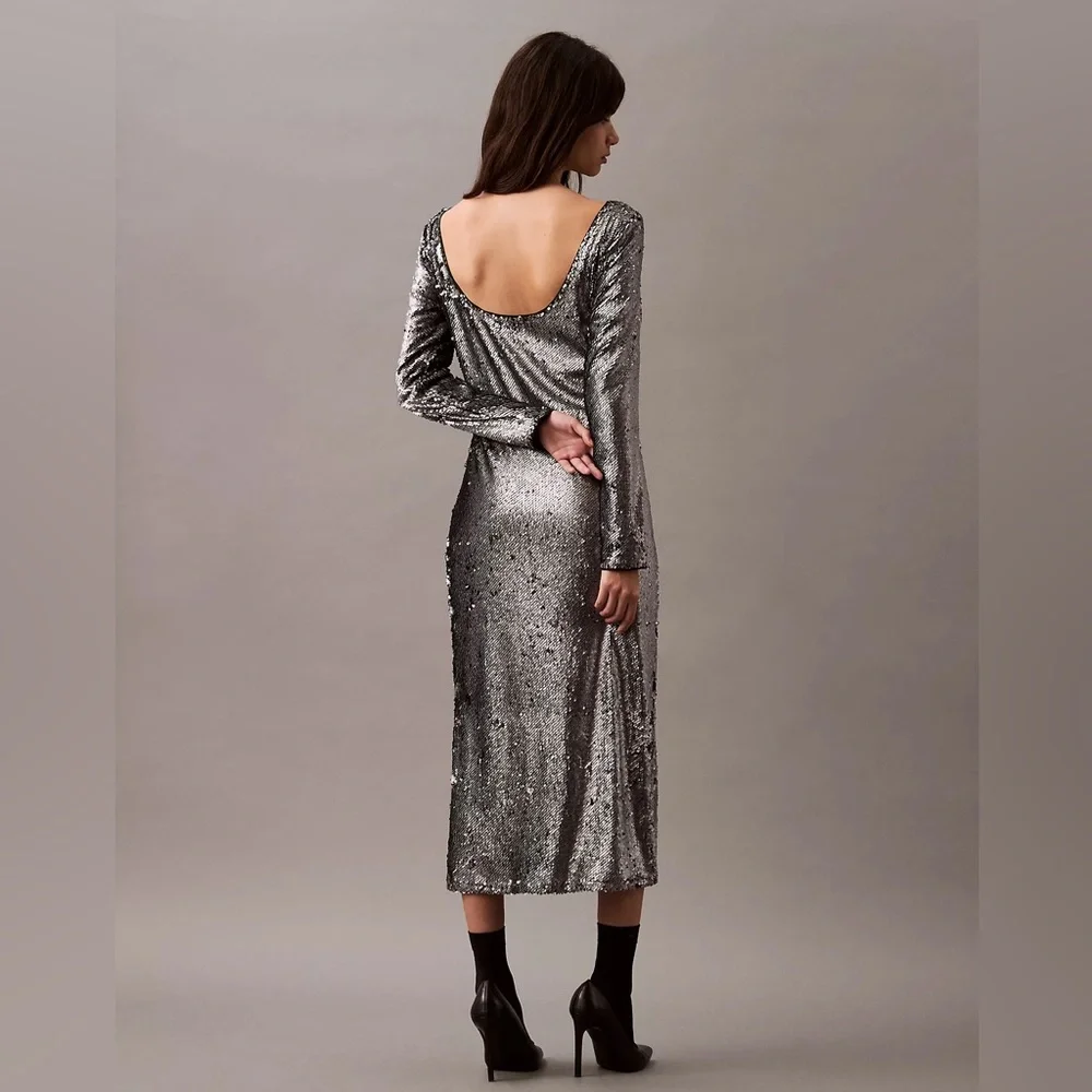 Calvin Klein Silver Sequin Midi Dress - Picture 5 of 12